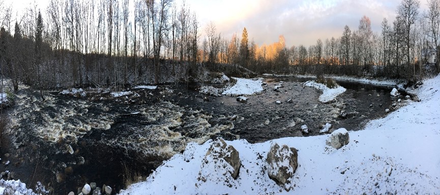 Forsande vatten i vinterlandskap