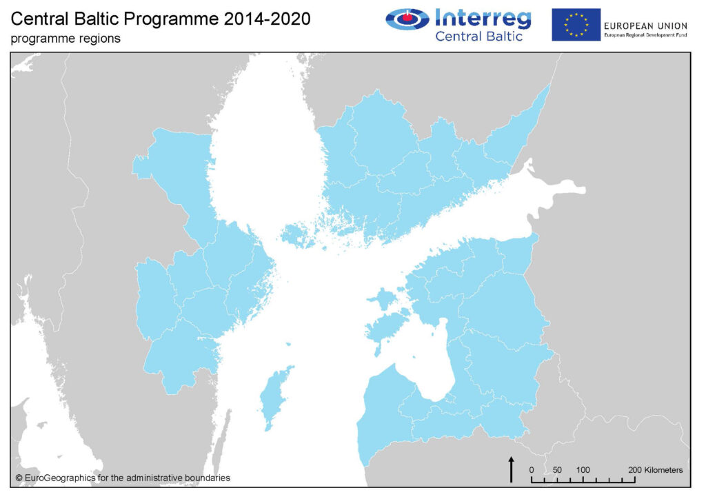 En karta där områdena i Central Baltic-programmet är utmarkerade runt Östersjön.