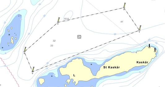 Ett sjökort som visar hur området där musslor odlas ser ut utanför Dalarö.