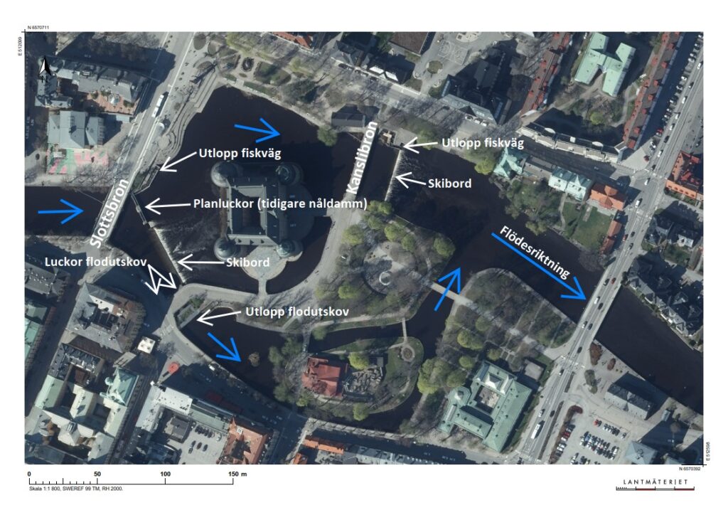 Planskiss över anläggningarna vid Kanslibron och Slottsbron i Örebro