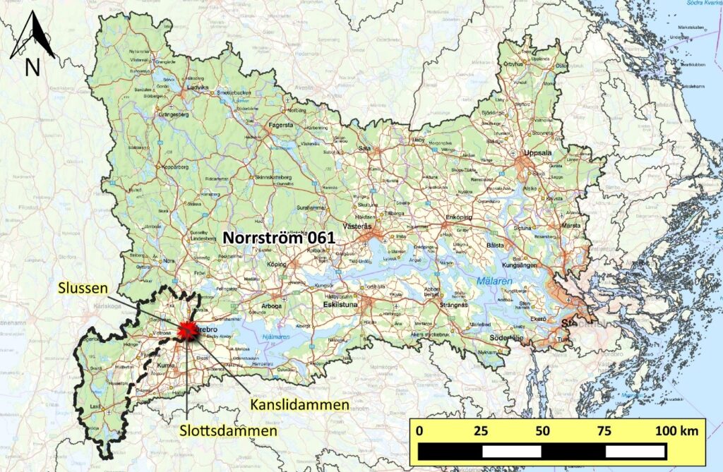 Karta med ett inramat område och pilar som visar Slussen, Slottsdammen och Kanslidammen i Örebro.