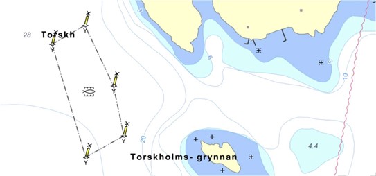 Ett sjökort som visar hur området där musslor odlas ser ut i Erstaviken.