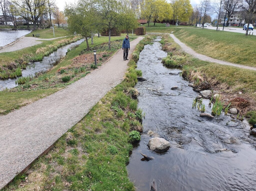 Vattendrag som slingrar på båda sidor av en gång. På gången står en man i blå jacka.