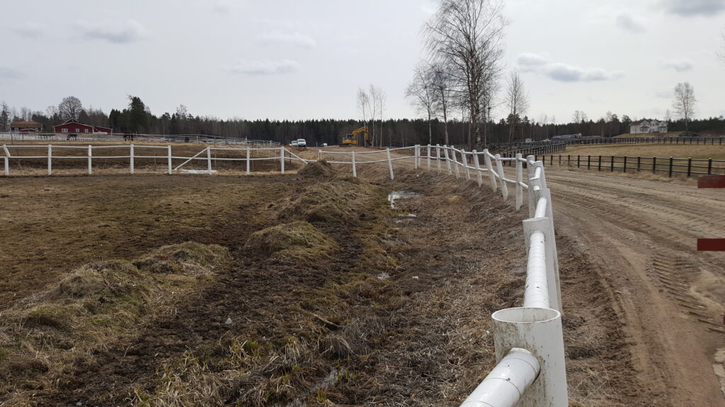 En tom hästhage med ett vitt staket.
