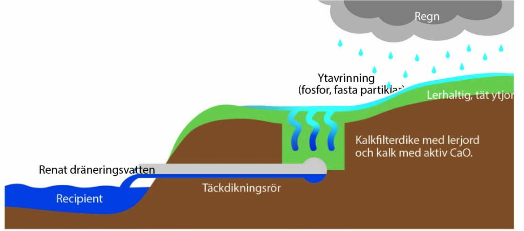 Illustration över hur ett kalkfilterdike fungerar.