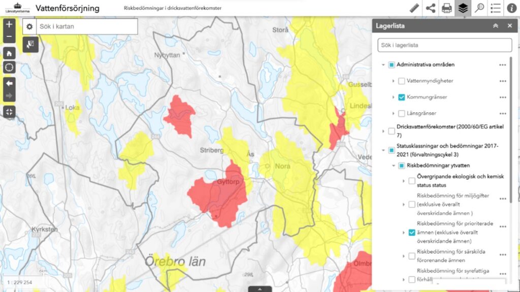 Karta Örebro län med utmarkerade fält i gult och rött. Texten Vattenförsörjning