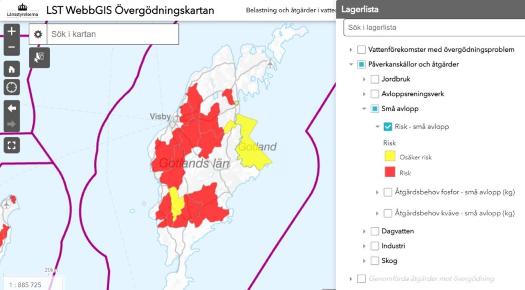 Karta Gotlands län med utmarkerade fält i gult och rött. Texten LST WebbGIS Övergödningskartan