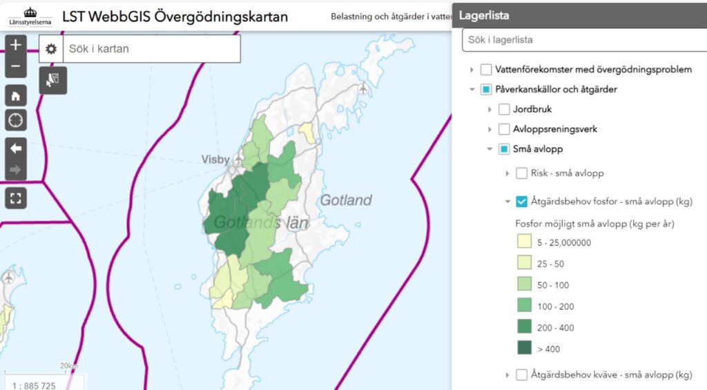 Karta Gotlands län med utmarkerade fält i nyanser av grönt och gult. Texten LST WebbGIS Övergödningskartan