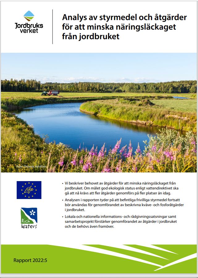 Omslag för rapporten Analys av styrmedel och åtgärder för att minska näringsläckaget från jordbruket.