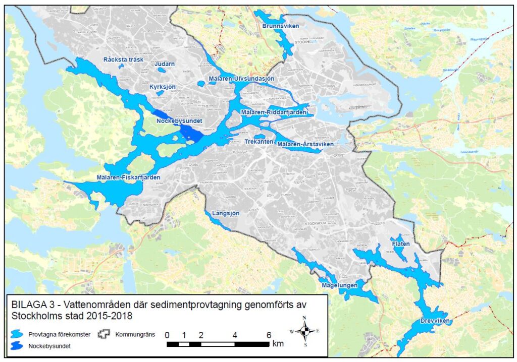 kartbild över Stockholm med markeringar i de vatten där undersökningarna gjorts