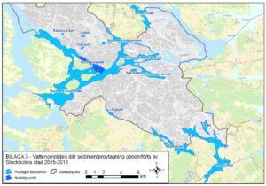kartbild över Stockholm med markeringar i de vatten där undersökningarna gjorts