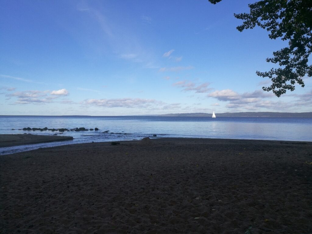 En strand vid en sjö med en vit segelbåt.