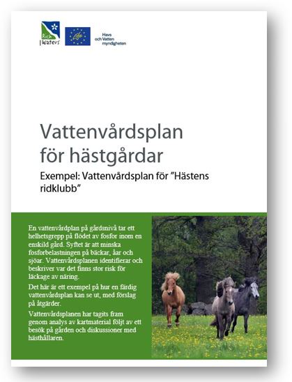 Bild på omslag på en publikation med rubriken Vattenvårdsplan för hästgårdar - exempel. På omslaget finns en bild på tre hästar som galopperar i en hage.