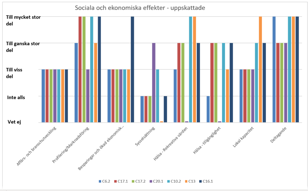 Ett stapeldiagram som visar att den sammantagna effekten gällande perspektiven social och ekonomisk var viktigt: drygt hälften av projekten ansåg att det stämde till viss del, nästan en tredjedel att det stämde till mycket stor del, och resten tyckte att det stämde till ganska stor del. 