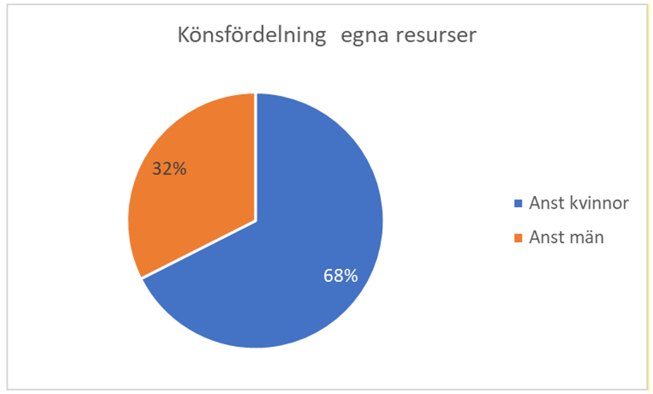 Ett cirkeldiagram som visar att det är fler kvinnor som arbetar i projekten när det gäller de egna resurserna.