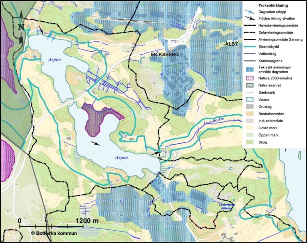 Karta över sjön Aspen med dess tillrinningsområden och utströmningsväg, enligt en beskrivning från Botkyrka kommun 