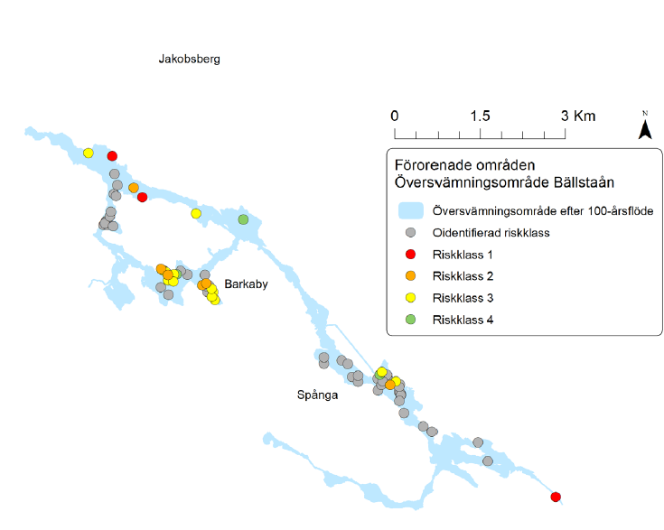 En karta som visar de områden i Bällstaån som är förorenade.