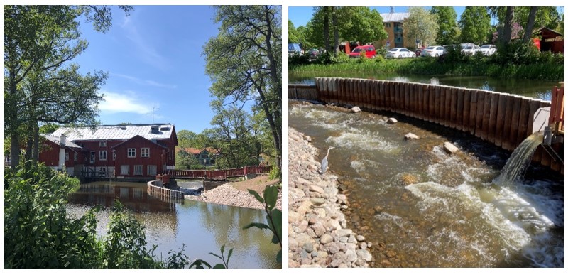 Röd byggnad med en vattenspegel i förgrunden