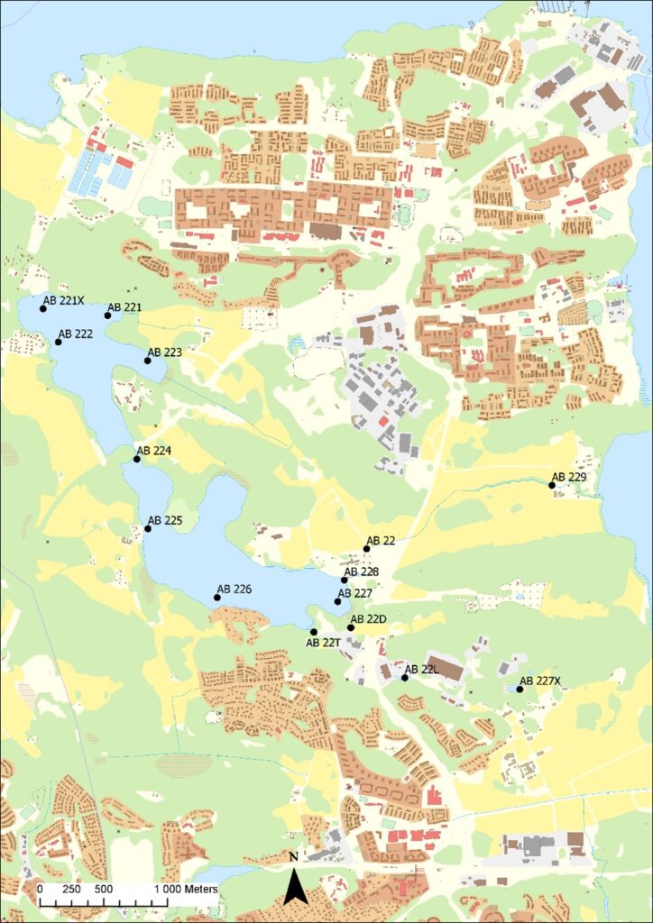 Karta som visar provtagningsplatser i och omkring sjön Aspen.