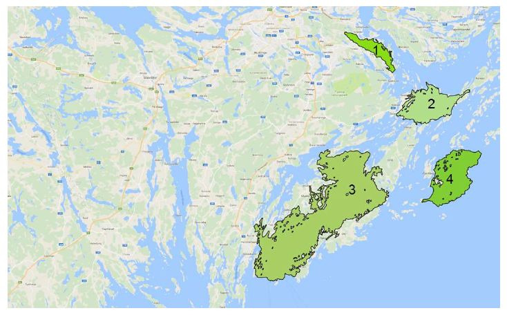 En karta över områden som är särskilt intressanta för musselodling i Stockholms län.