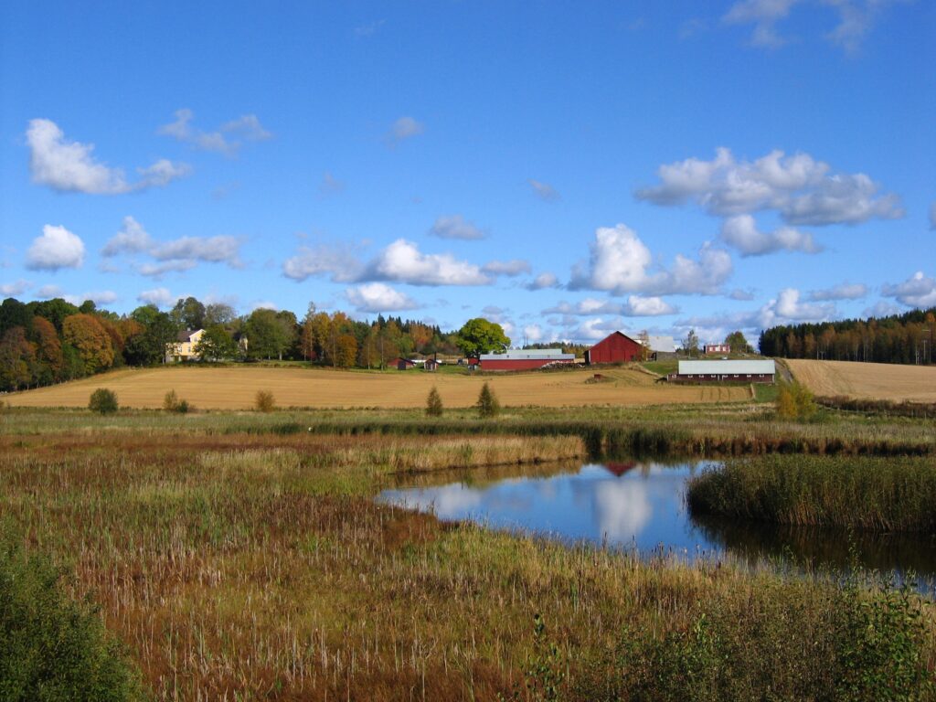 Ett slingrande vattendrag i lantbrukslandskap.