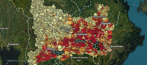 En karta över Norra Östersjöns vattendistrikt med röda och orangea markeringar.