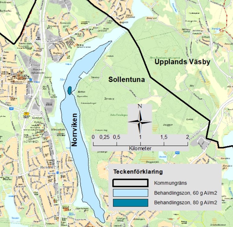 Karta över sjön Norrviken och kommungränsen mellan Sollentuna och Upplands Väsby. Kartan visar två behandlingszoner, en större del med 60g Al/m2 och en mindre del med 80 g Al/m2.