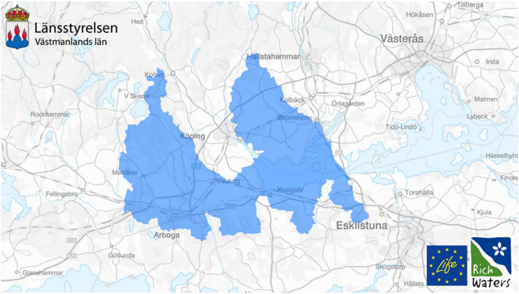 Karta med markering i blått över vattendrag som mynnar i Mälaren