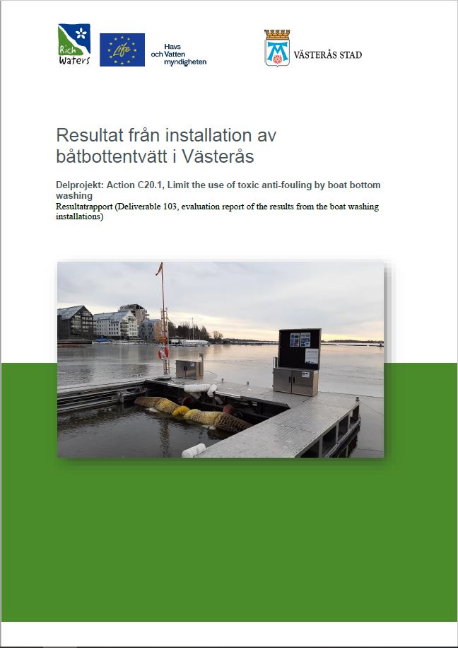 Ett rapportomslag med texten Resultat från installation av båtbottentvätt i Västerås.