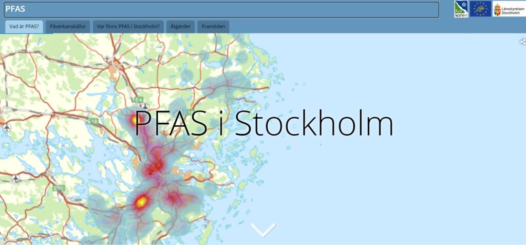kartbild med röda markeringar där PFAS påträffats