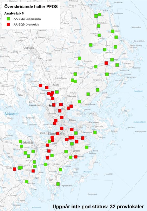 Karta över Stockholms län där 32 provlokaler som inte uppnår god status är markerade.
