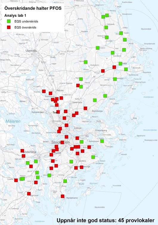Karta över Stockholms län där 45 provlokaler som inte uppnår god status är markerade.