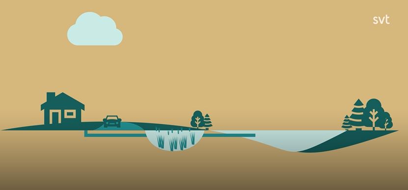 Illustration som visar dagvattnets färd från en bostad, via en vattenpark och vidare ut i en sjö.