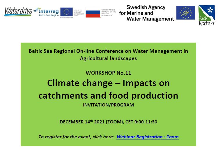 Green box with information about the workshop. The text reads Climate change - impacts on catchments and food production. Invitation/program